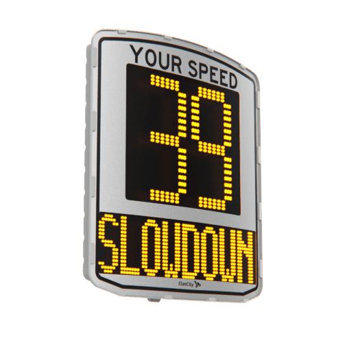Elancity - Evolis your speed sign for communites - message displayed 39 km/h slowdown - white version product - left side view - US