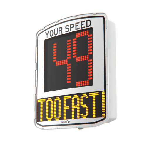 Elancity - Evolis speed radar signs for communites - message displayed 49 km/h too fast - white version product - right side view - US